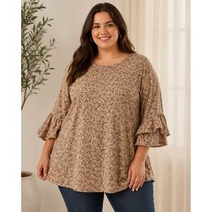 Curvy Lovey Plus Size Floral Tan Top 6x Very Soft * Ruffle Sleeves Brand New